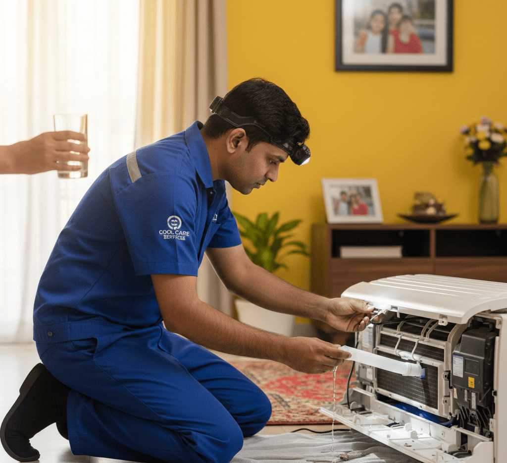 Blocked AC drain pipe causing indoor unit water leakage in Hyderabad homes during summer and monsoon.