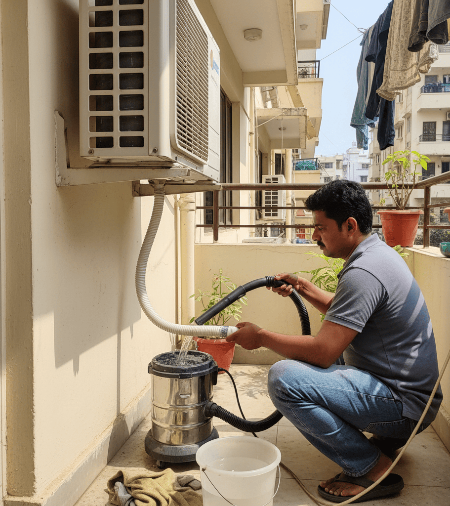 Cleaning AC drain pipe to fix water leakage in Hyderabad