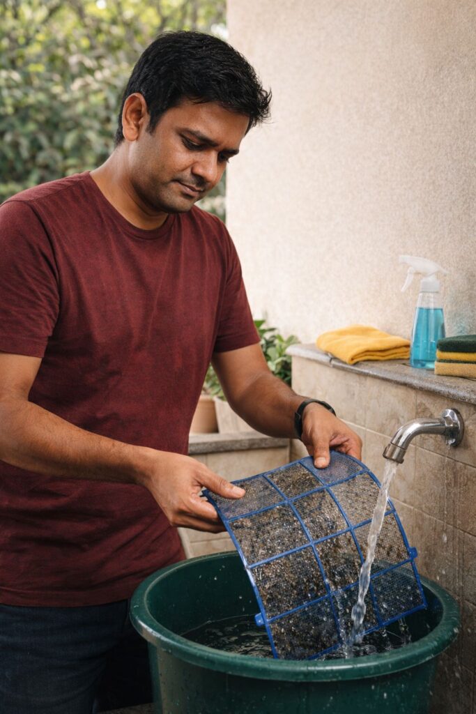 Cleaning AC filter at home to remove bad smell and improve cooling