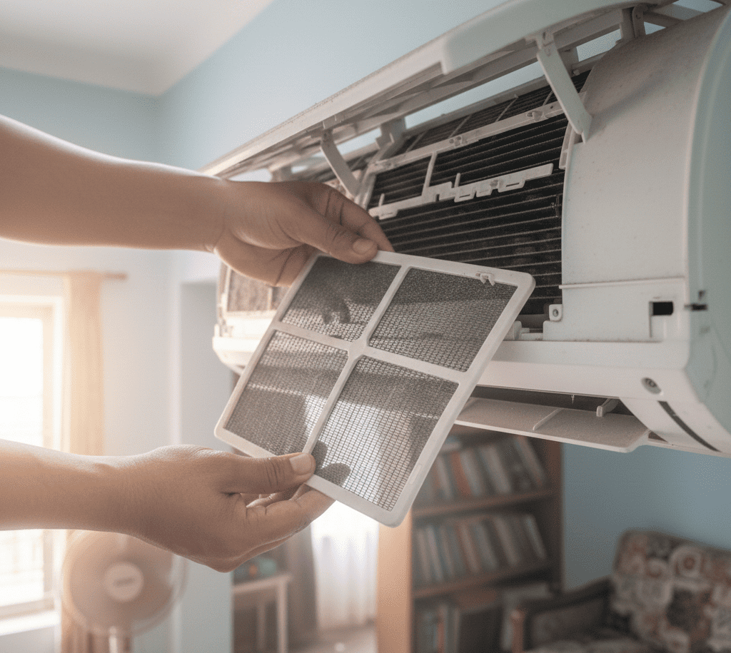 Clean AC air filter reinstalled in a split AC unit in a Kolkata home