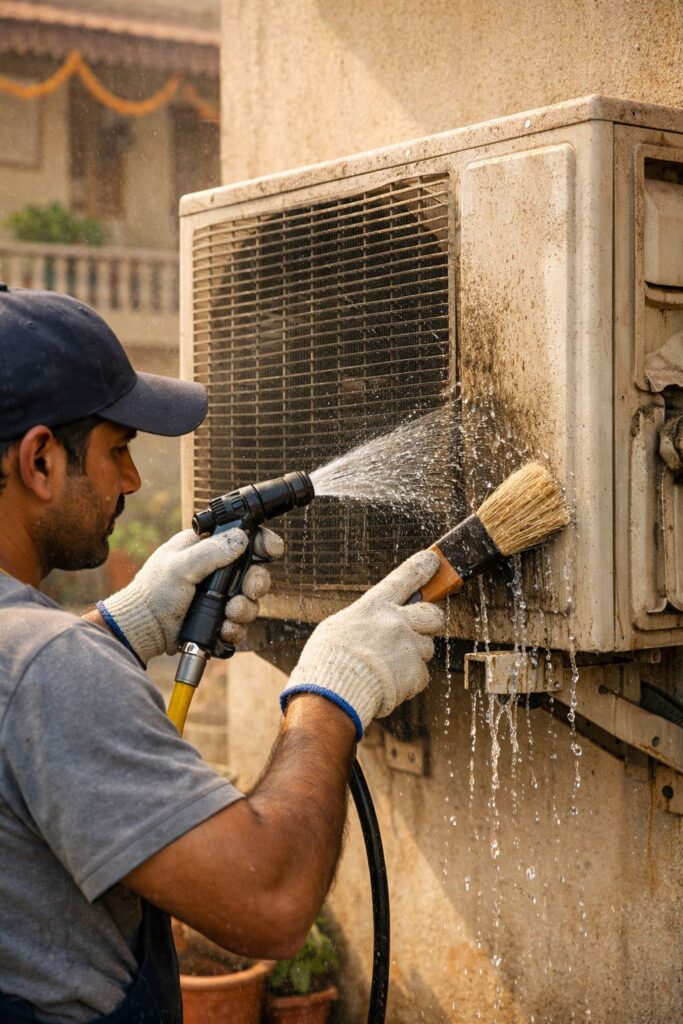 Step-by-step cleaning of AC outdoor unit in Hyderabad using brush and water