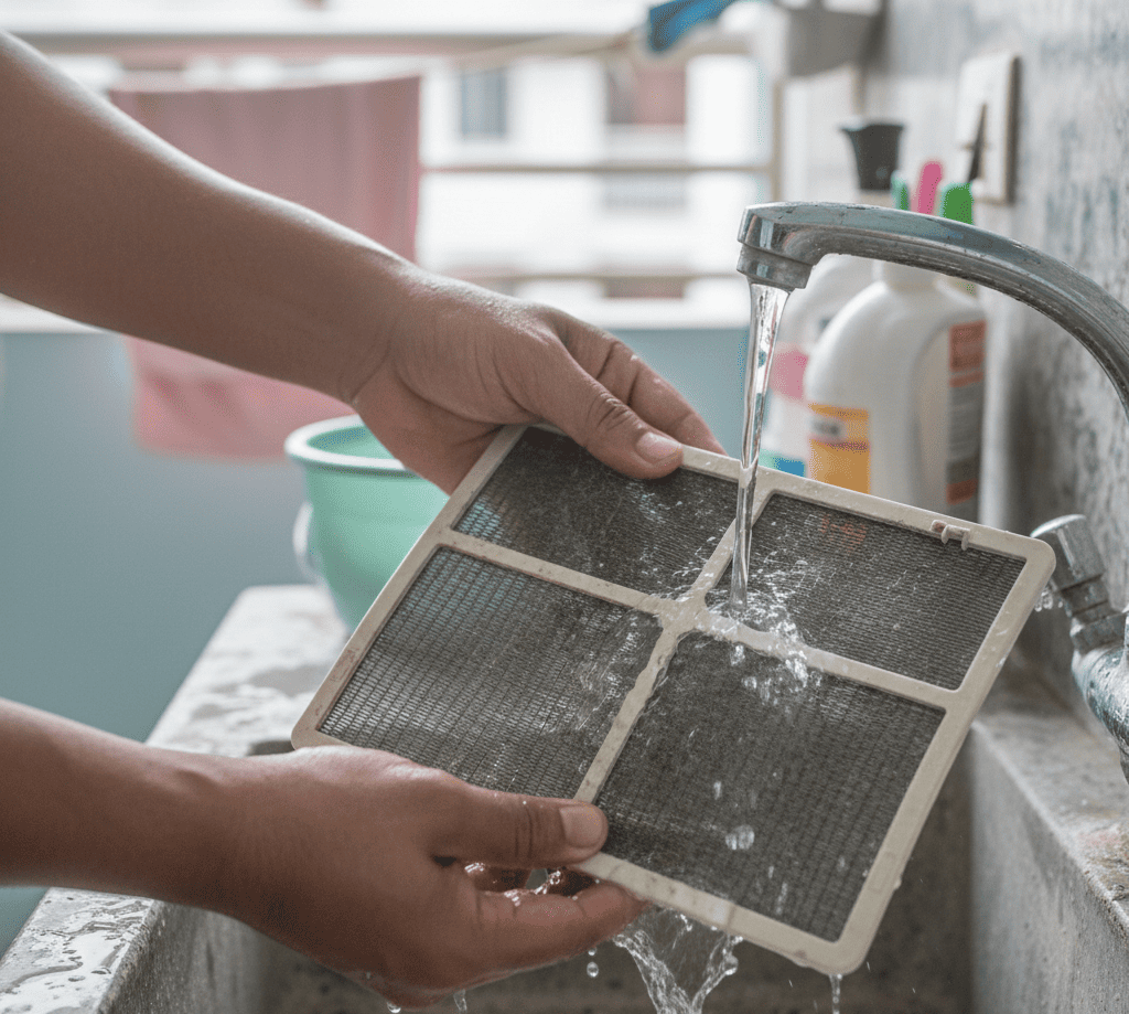 Cleaning AC air filter at home in Kolkata to improve cooling and reduce electricity bills