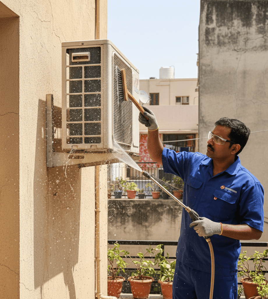 Professional technician cleaning AC outdoor unit condenser coil in Hyderabad