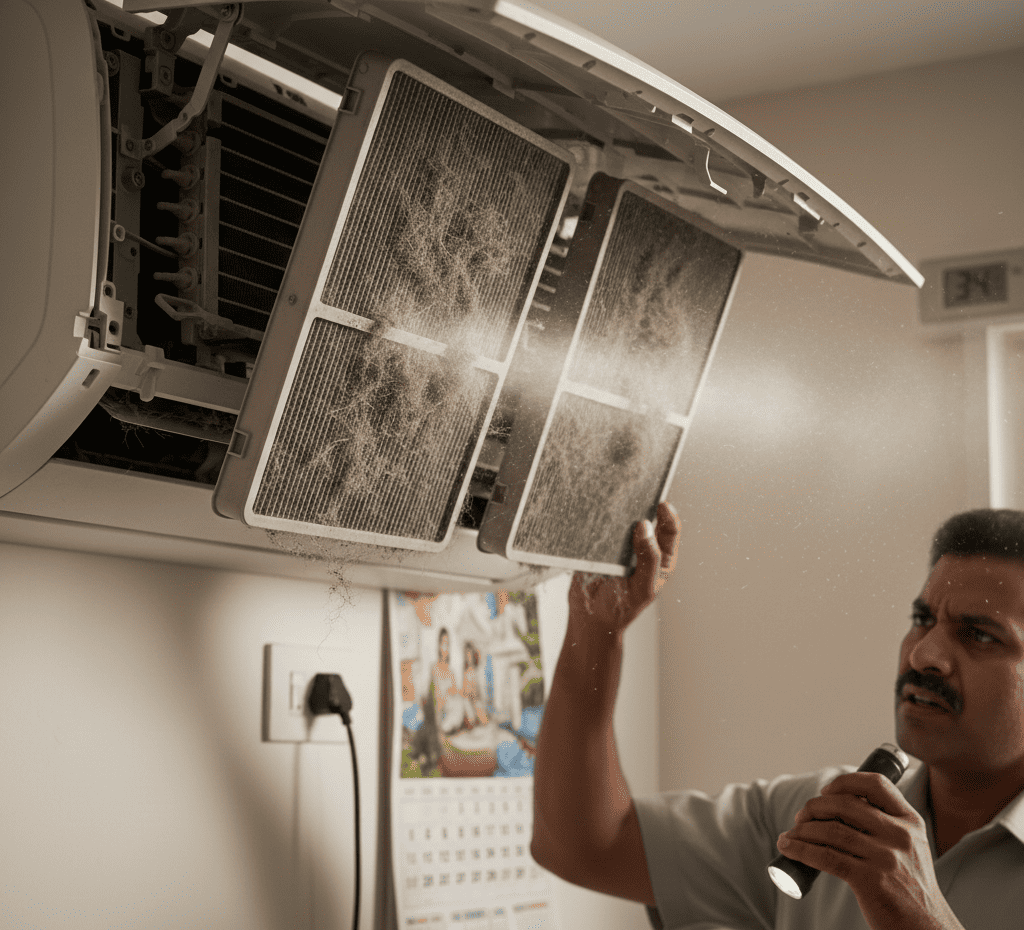 Dirty AC air filter causing poor cooling in Hyderabad