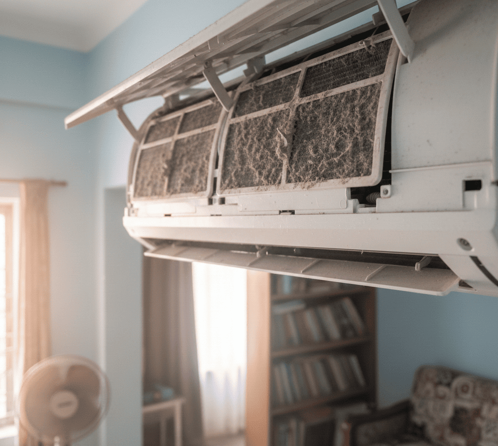 Dirty AC air filter in a Kolkata home causing poor cooling and airflow issues