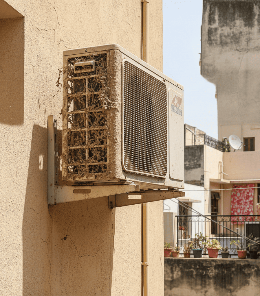 Dirty AC outdoor unit with dust buildup causing poor cooling and high electricity bills