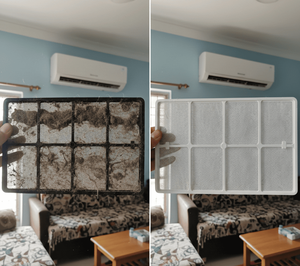 Dirty vs clean AC air filter showing how dust buildup affects cooling efficiency in Hyderabad homes