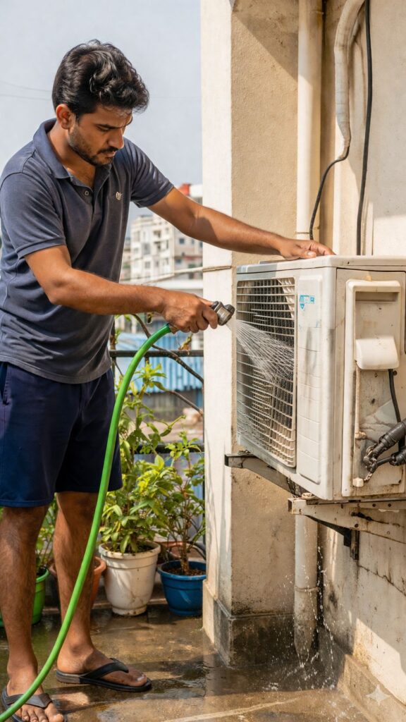Homeowner cleaning AC outdoor unit with water hose in Hyderabad