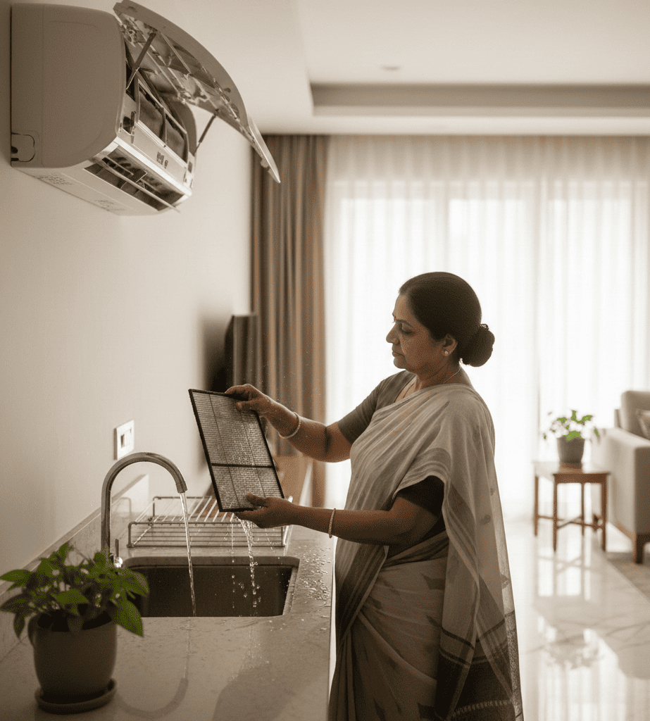 How to clean AC filters at home in Hyderabad showing homeowner cleaning split AC filter