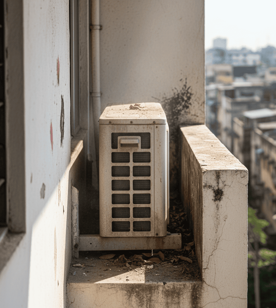 Improper AC outdoor unit installation with poor ventilation in Kolkata
