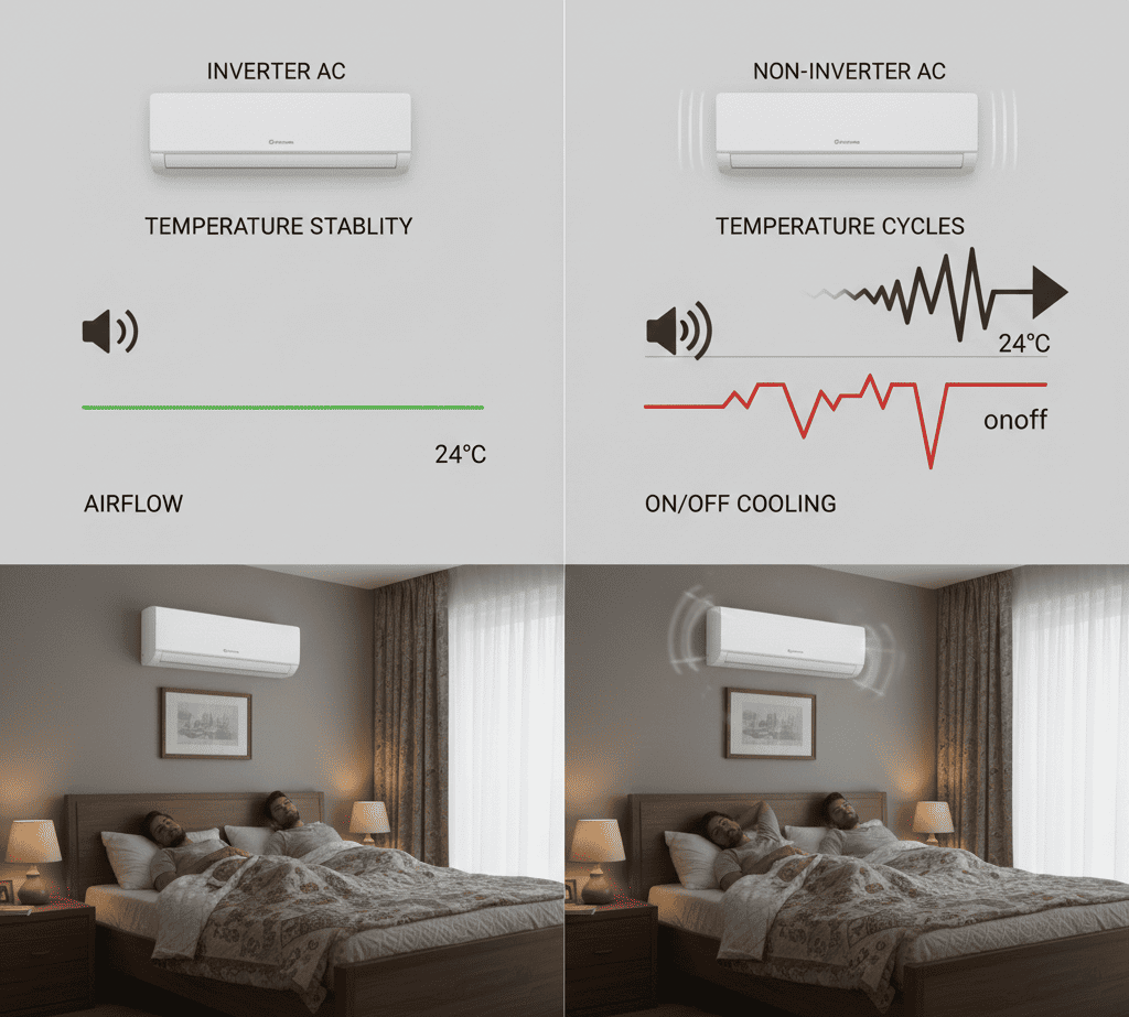 Noise level comparison between inverter AC and non inverter AC during night use