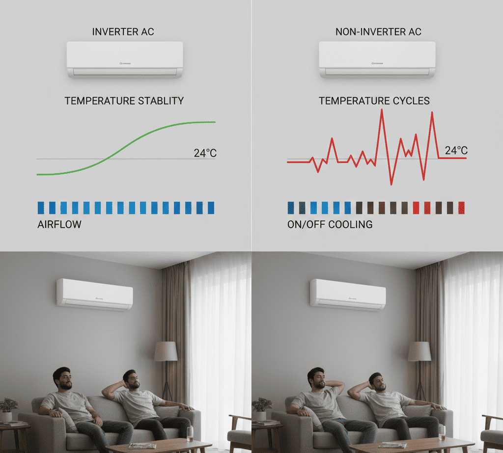 Inverter AC vs non inverter AC comparison showing cooling performance and energy efficiency differences