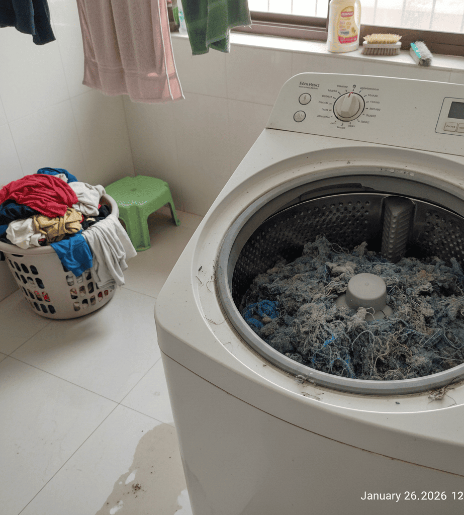 Lint buildup inside washing machine drum in Hyderabad home