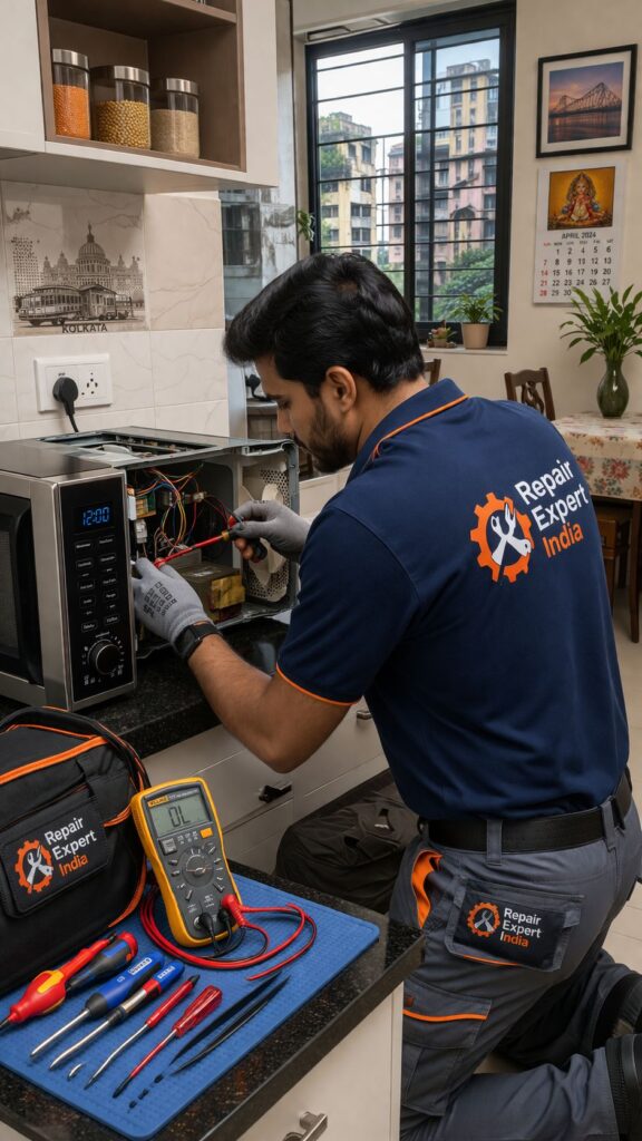 Technician repairing microwave oven at home in Kolkata by Repair Expert India