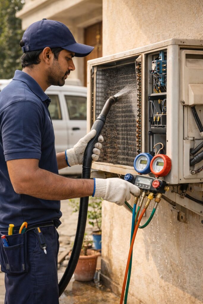Professional AC technician cleaning and servicing outdoor unit in Hyderabad