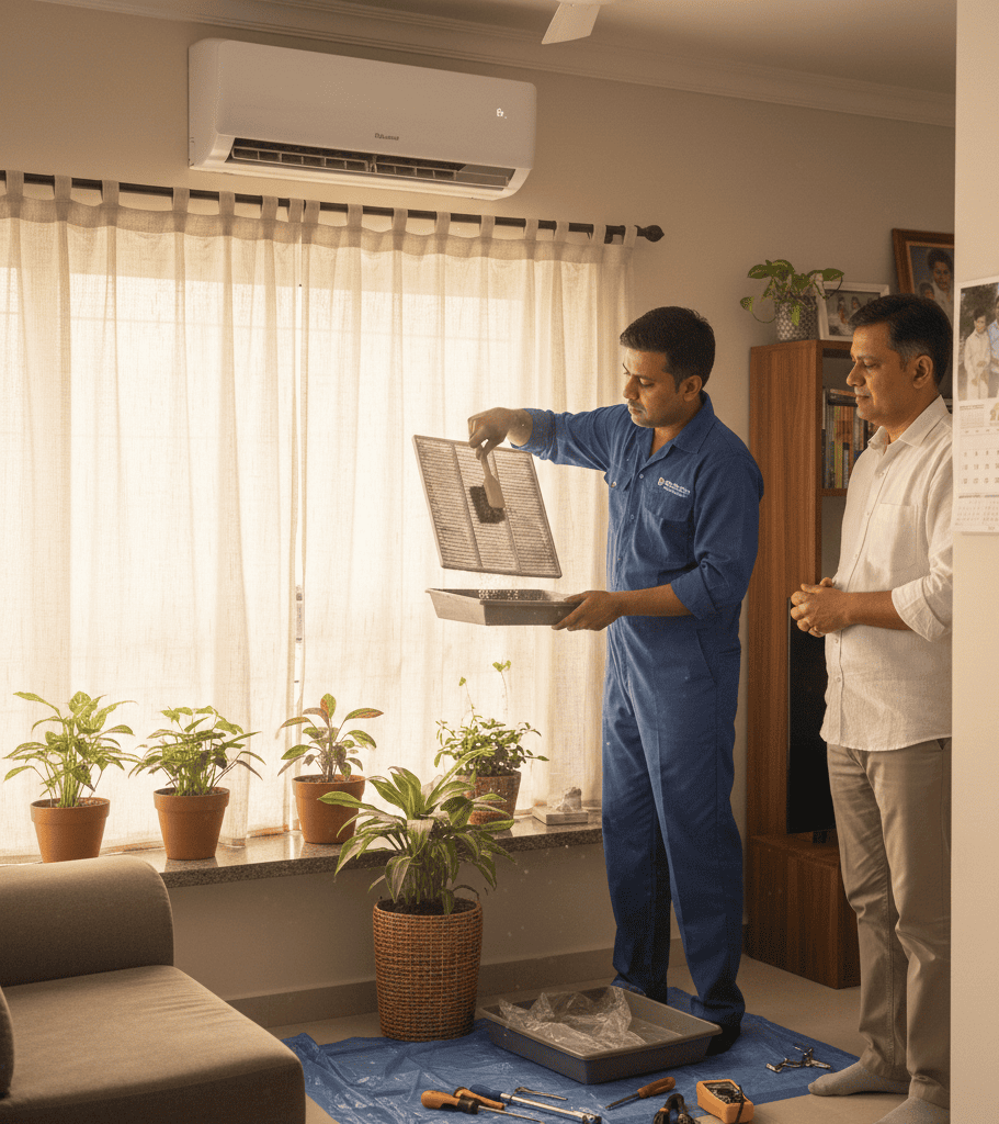 Professional AC servicing being done by technician in a Kolkata home