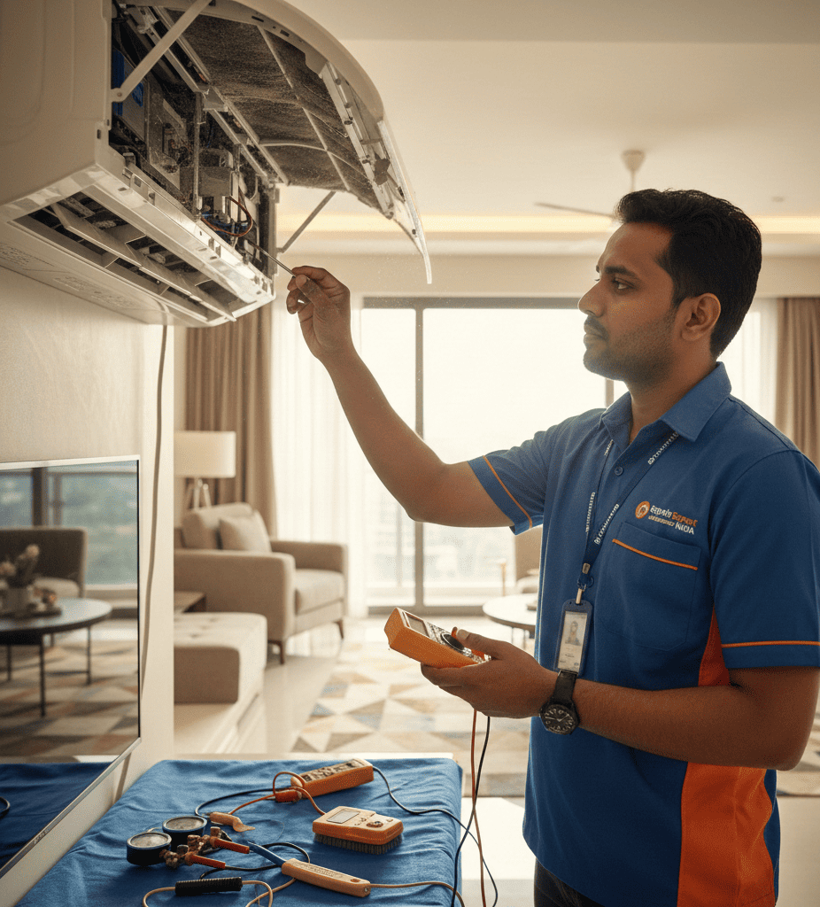 Repair Expert India AC technician inspecting split AC at Hyderabad home