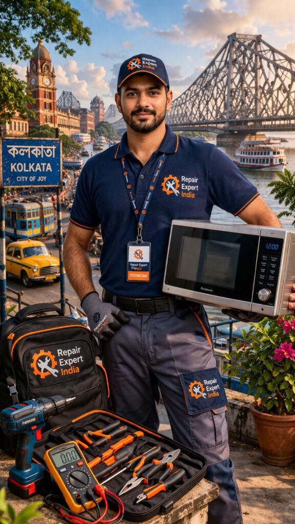 Repair Expert India technician with microwave in Kolkata city background