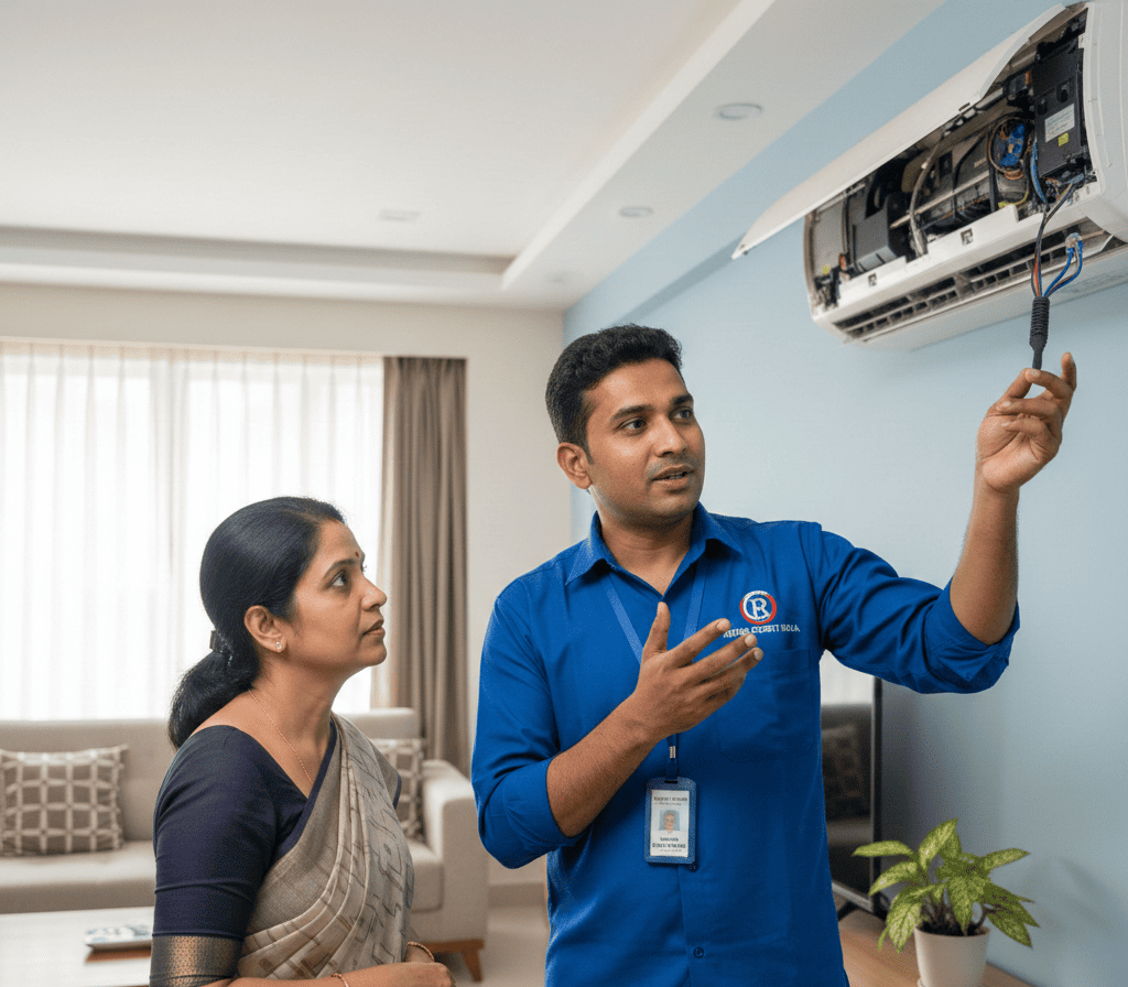 Repair Expert India technician explaining AC repair to customer in Hyderabad