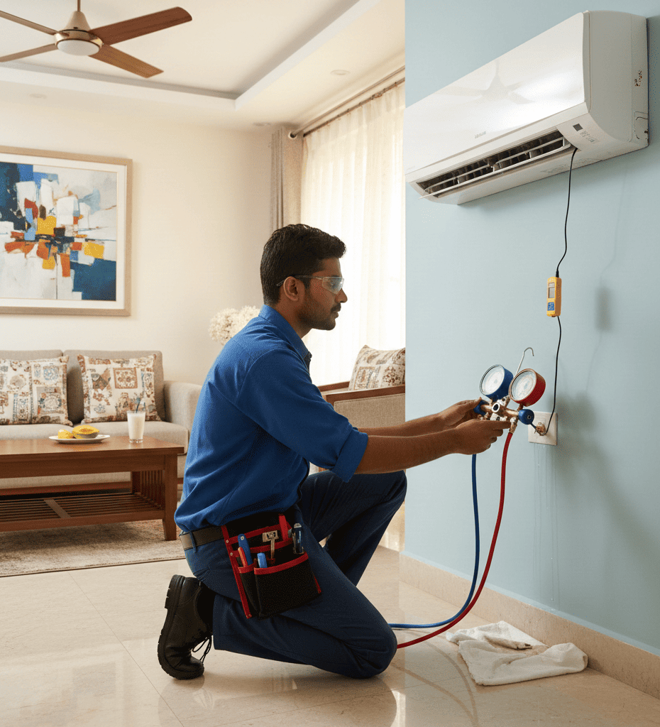 Signs your AC needs gas refill in Hyderabad with technician checking refrigerant level