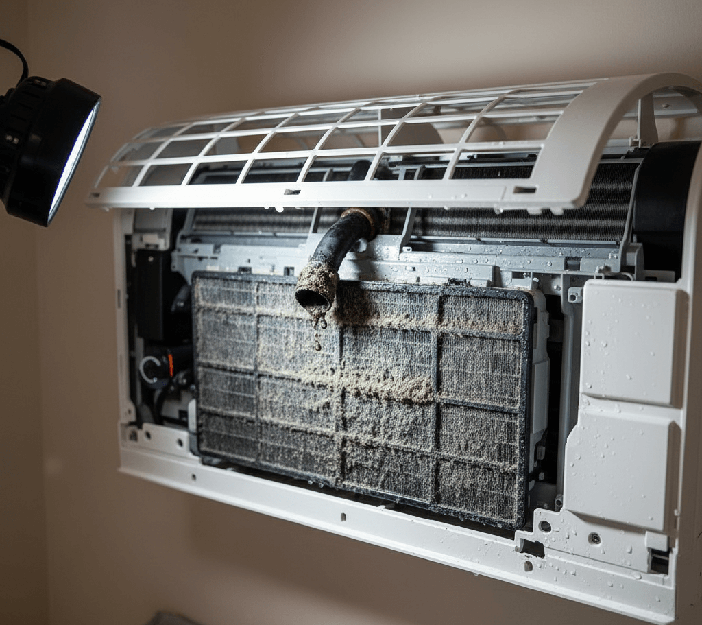 Clogged drain pipe and dirty filter causing split AC indoor unit water leakage