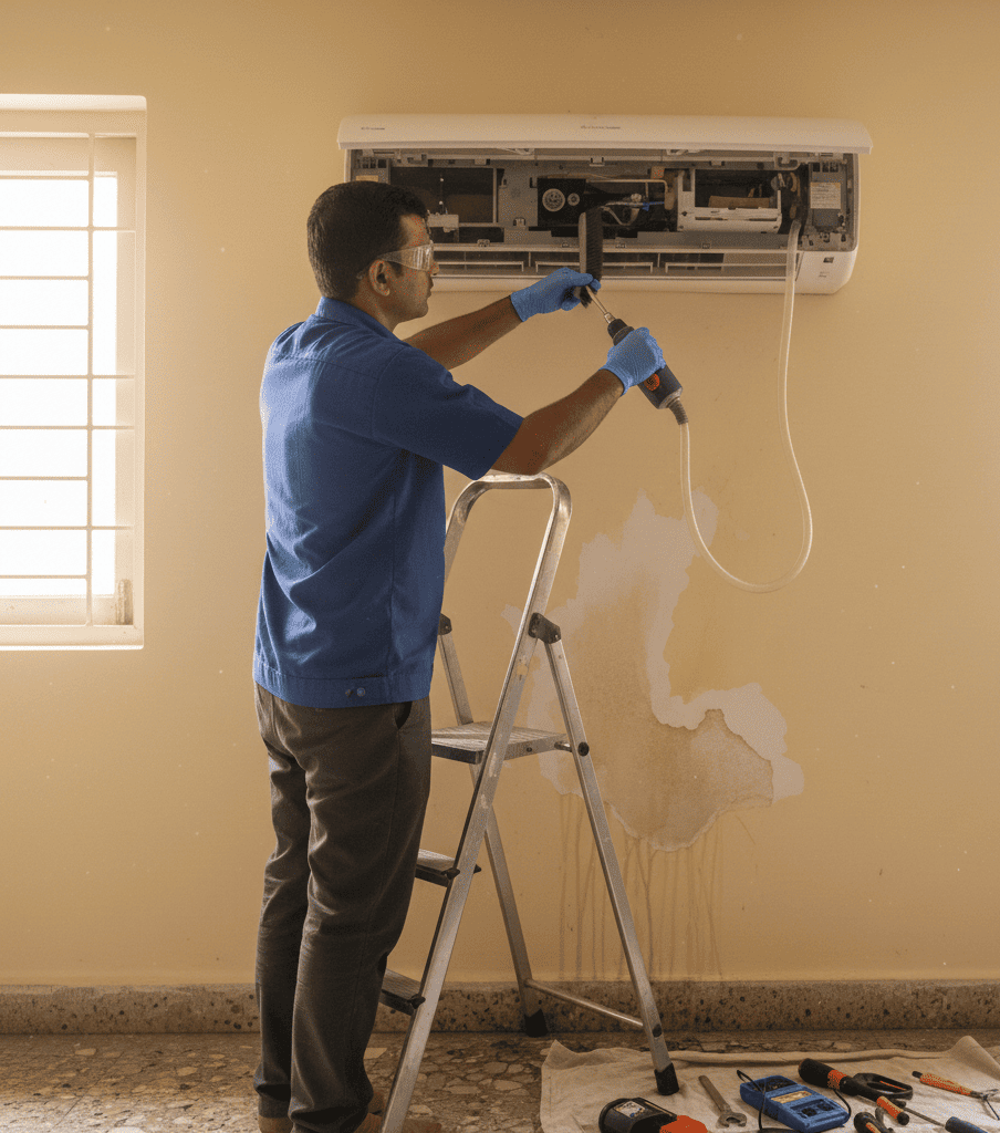 AC technician cleaning split AC drain pipe to fix water leakage in Kolkata