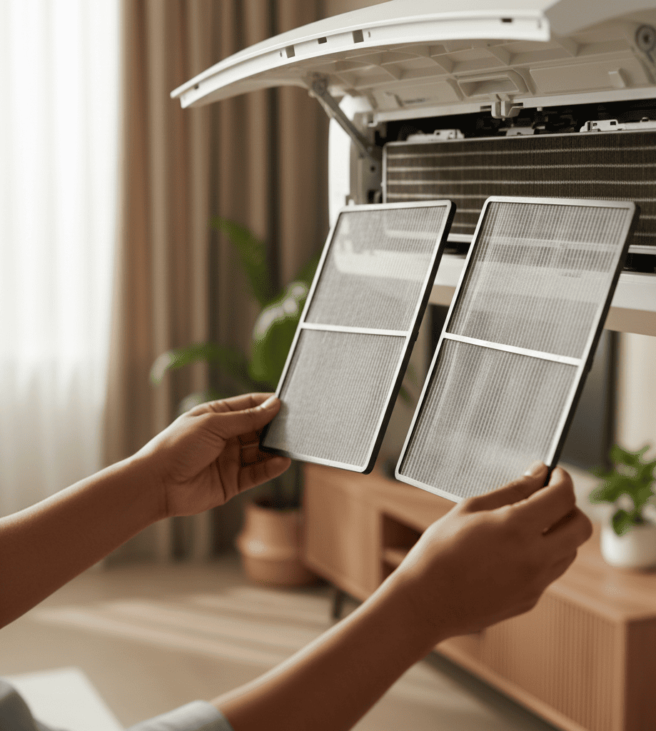 How to clean AC filters at home in Hyderabad showing homeowner cleaning split AC filter