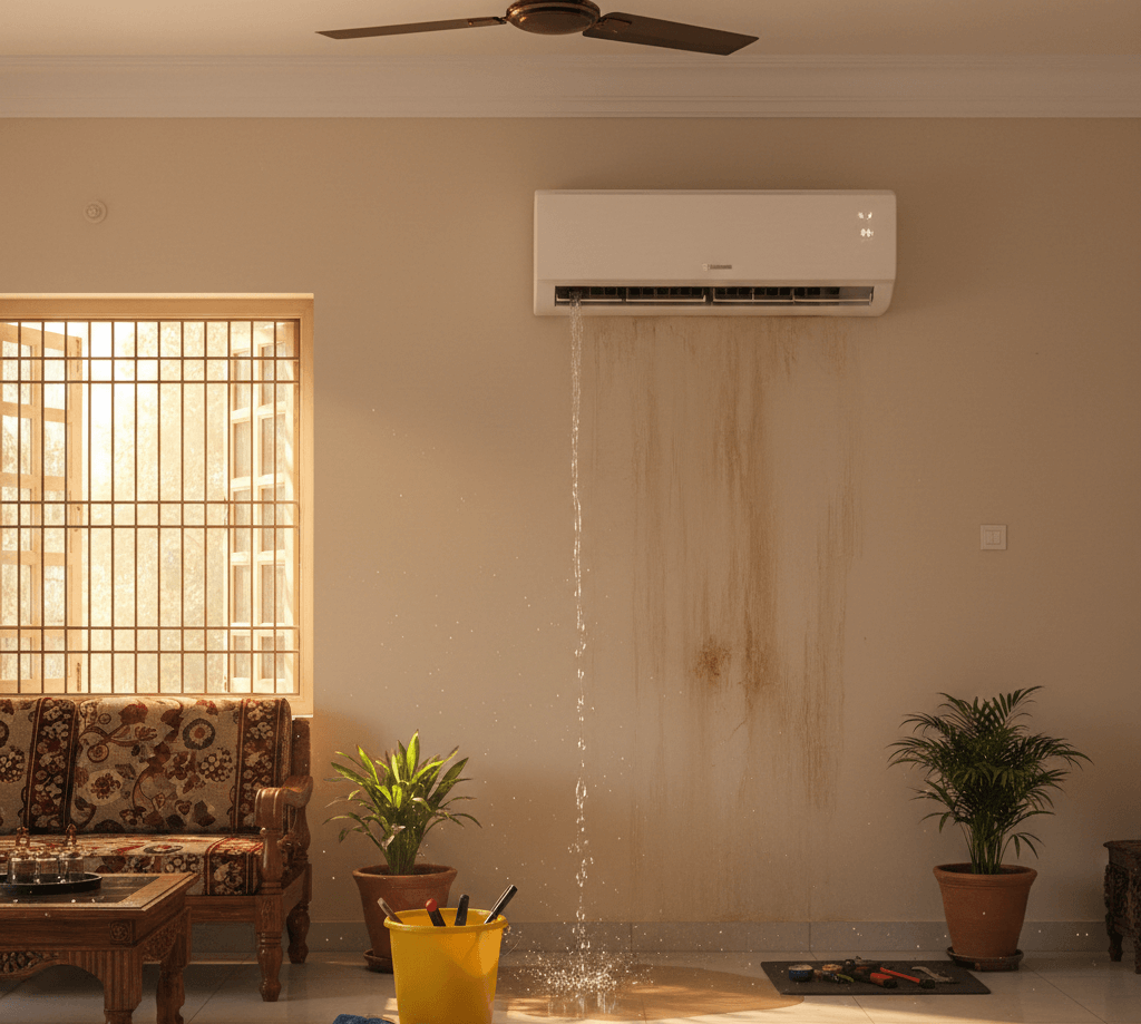 Split AC indoor unit leaking water inside a home in Hyderabad due to drainage issue