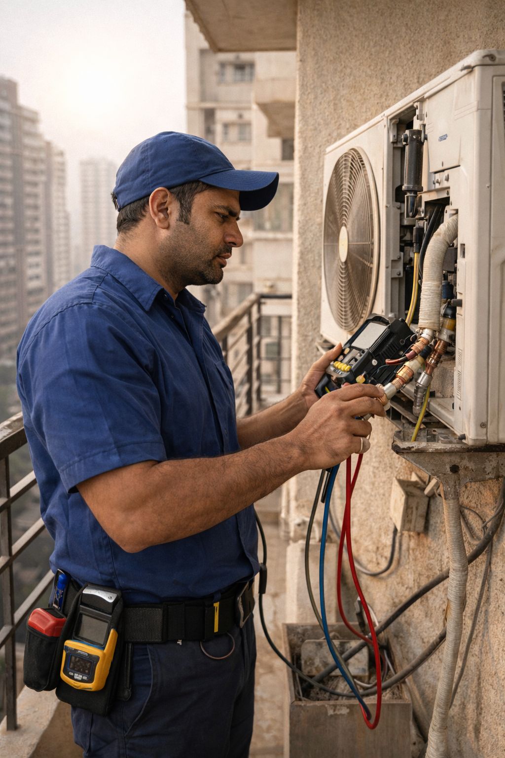 AC technician checking outdoor condenser unit of a split air conditioner in Hyderabad
