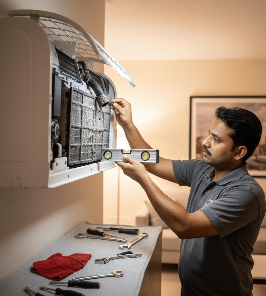 Technician repairing split AC indoor unit water leakage in Hyderabad home