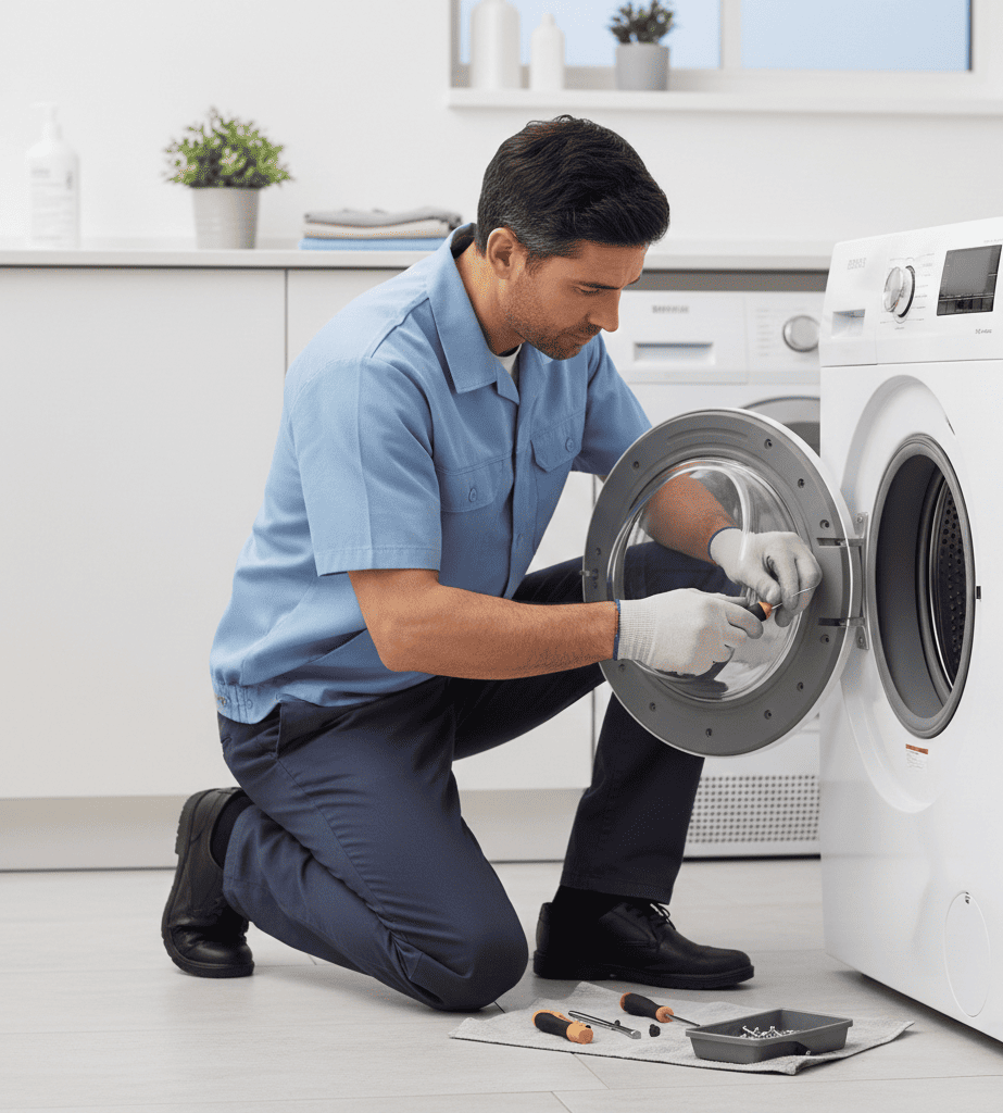 Professional technician repairing washing machine door problem