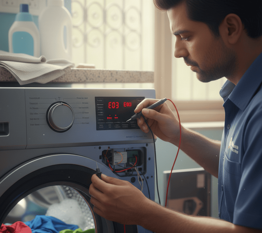 Washing machine control panel displaying error code requiring professional repair