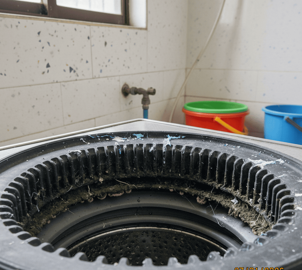 Dirty washing machine door seal with mold and residue causing bad smell