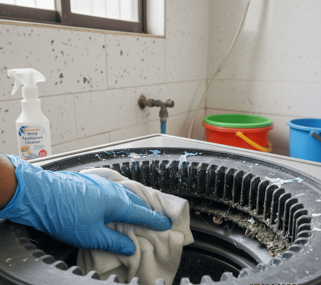 Cleaning washing machine door seal with cloth to remove dirt and moisture