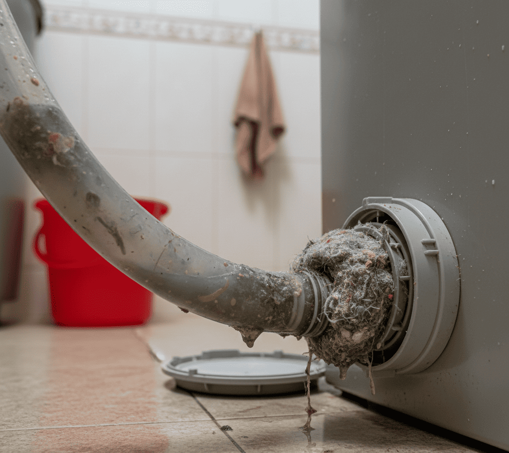 Washing machine drain pipe blockage causing water not to drain