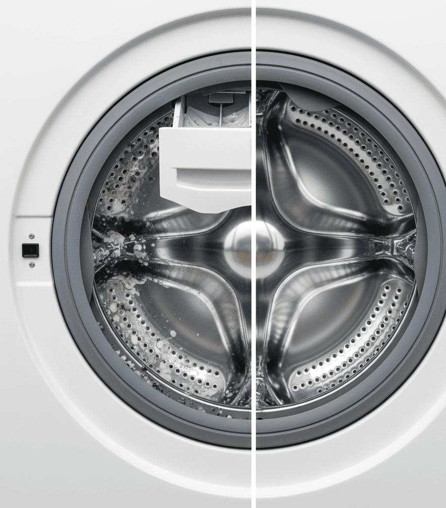 Dirty vs clean washing machine drum after professional servicing