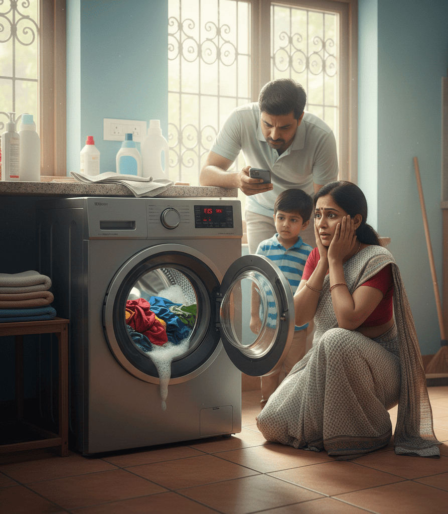 Washing machine showing error code in Hyderabad home during wash cycle