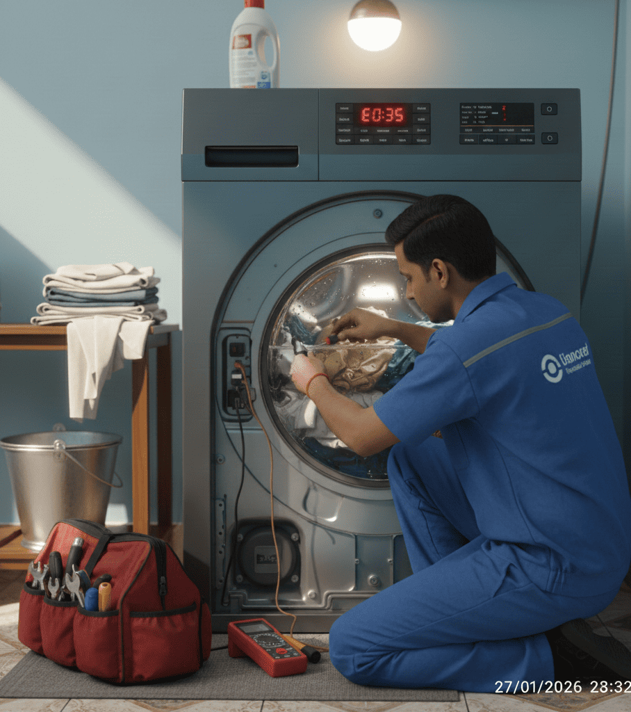 Technician inspecting washing machine that stops mid cycle