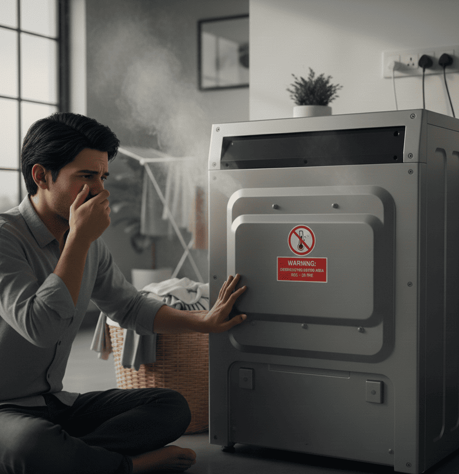 Technician checking washing machine motor for faults