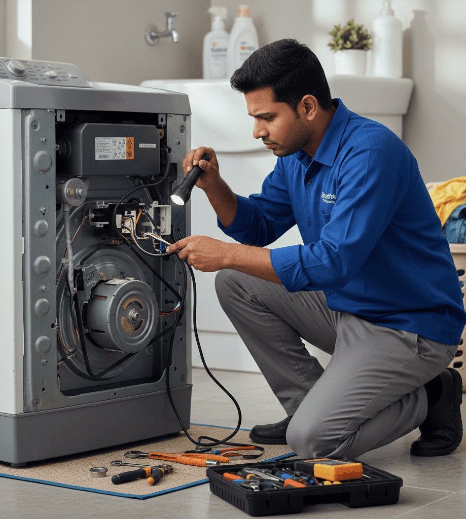 Burning smell from washing machine indicating motor overheating