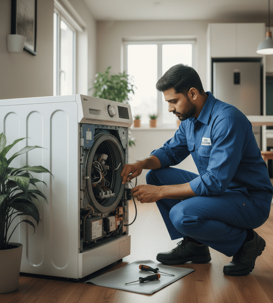 Professional washing machine repair technician providing doorstep service in Hyderabad apartment