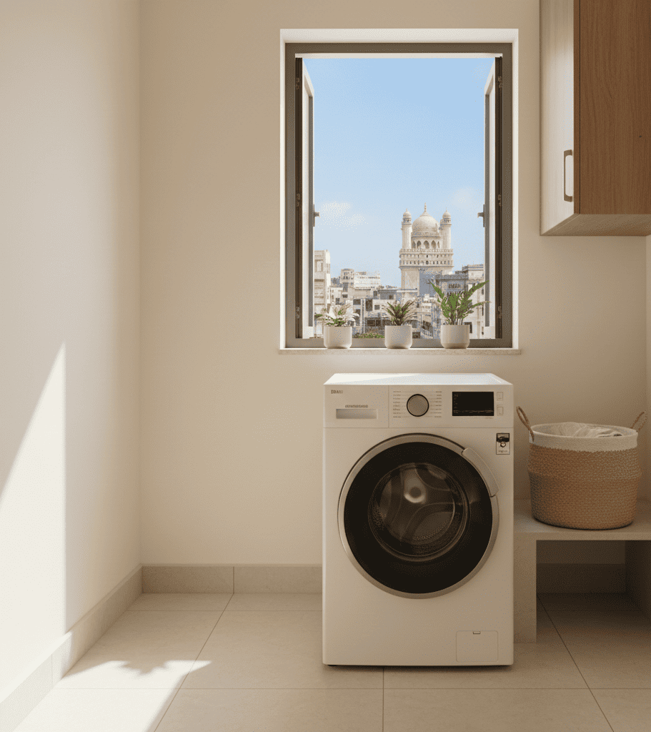 Top load washing machine in a Hyderabad apartment utility area