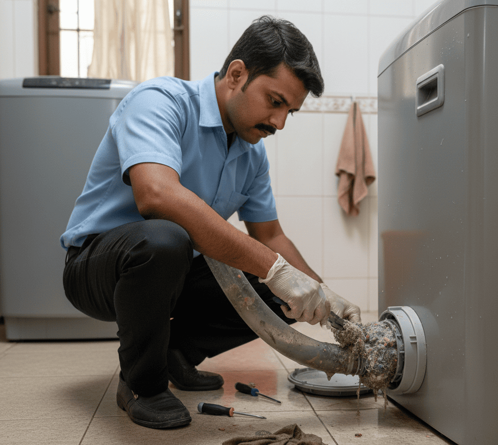 Washing machine drainage repair service by technician in Hyderabad