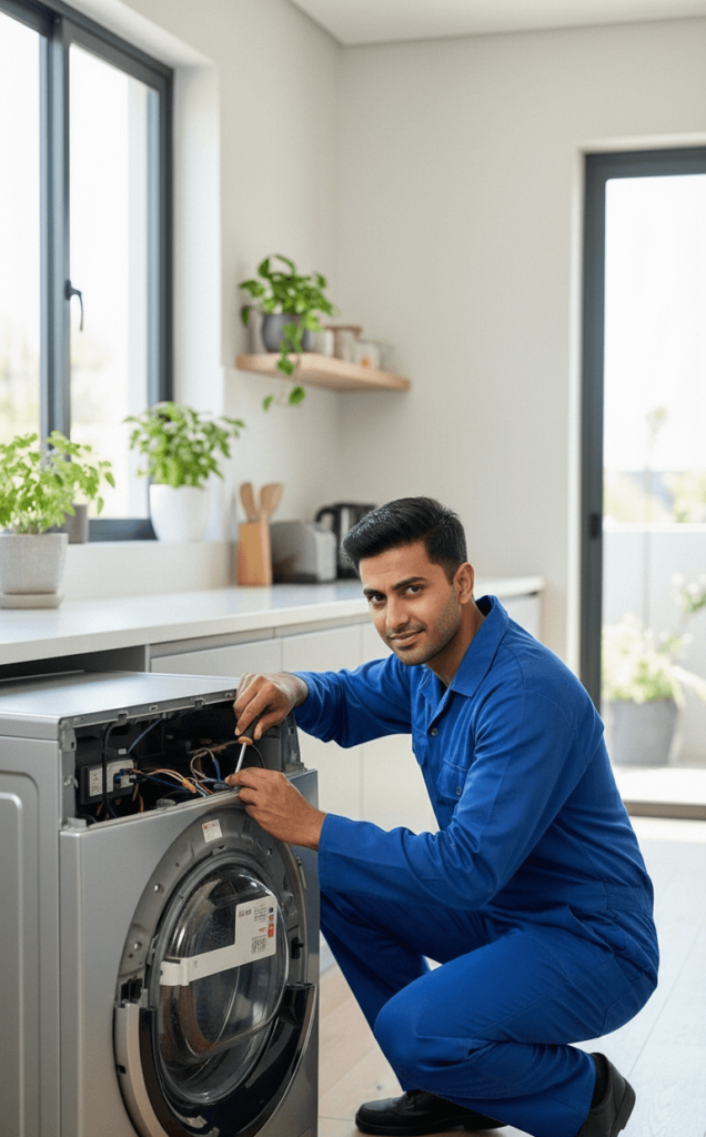 Smiling washing machine repair technician in Kolkata holding tools during doorstep service