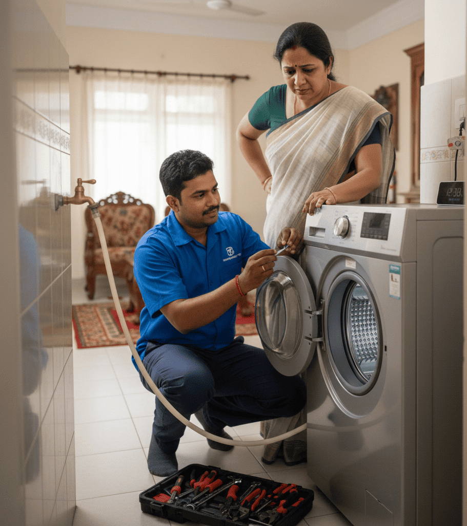 Washing machine repair technician fixing water intake issue in Hyderabad
