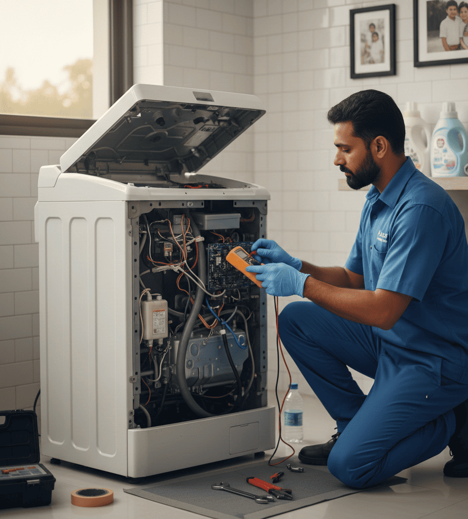 Professional washing machine technician doing regular servicing in Hyderabad home