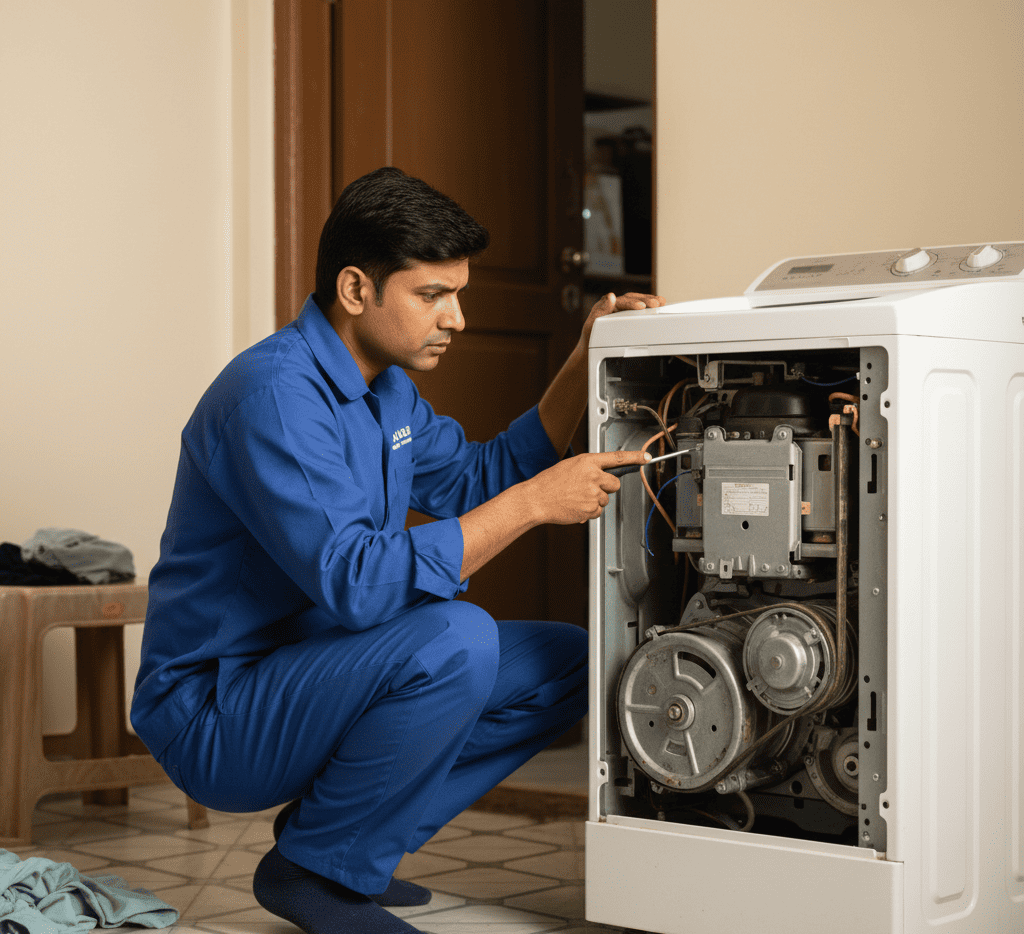 Technician checking washing machine spin problem at Hyderabad home