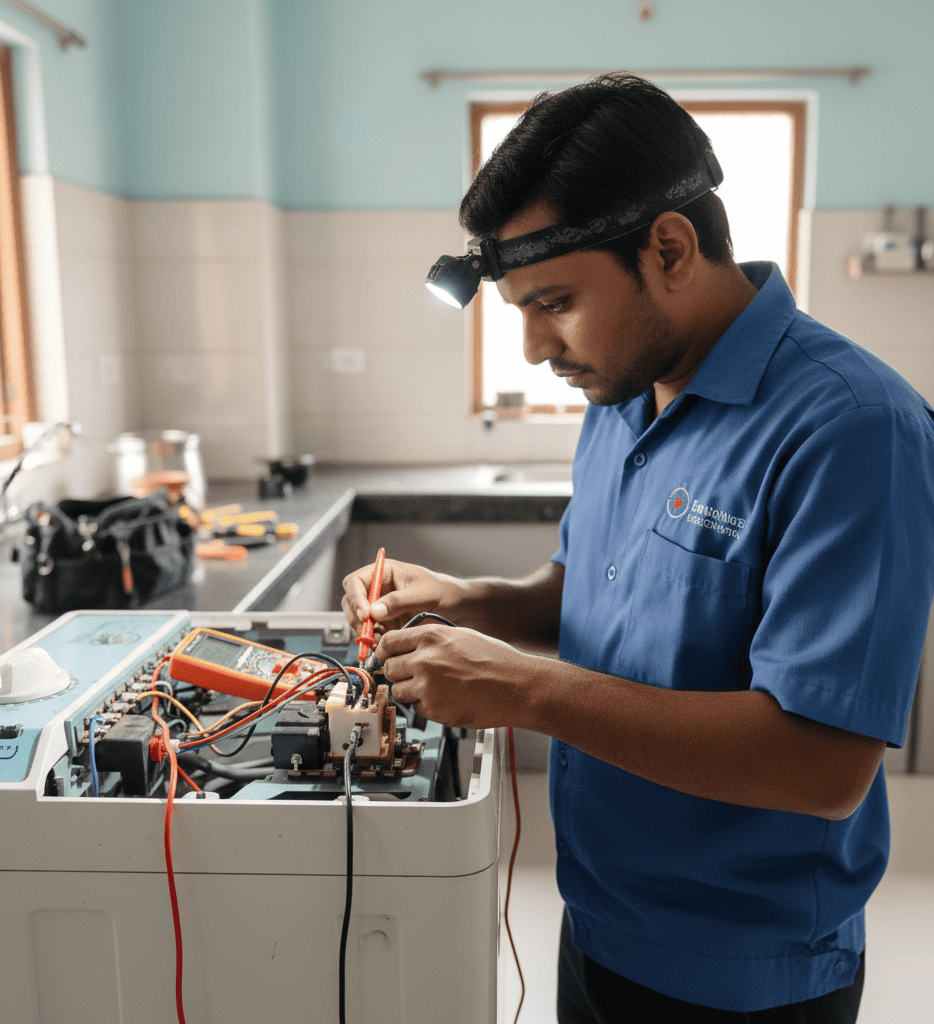 Technician diagnosing washing machine timer issue in Hyderabad