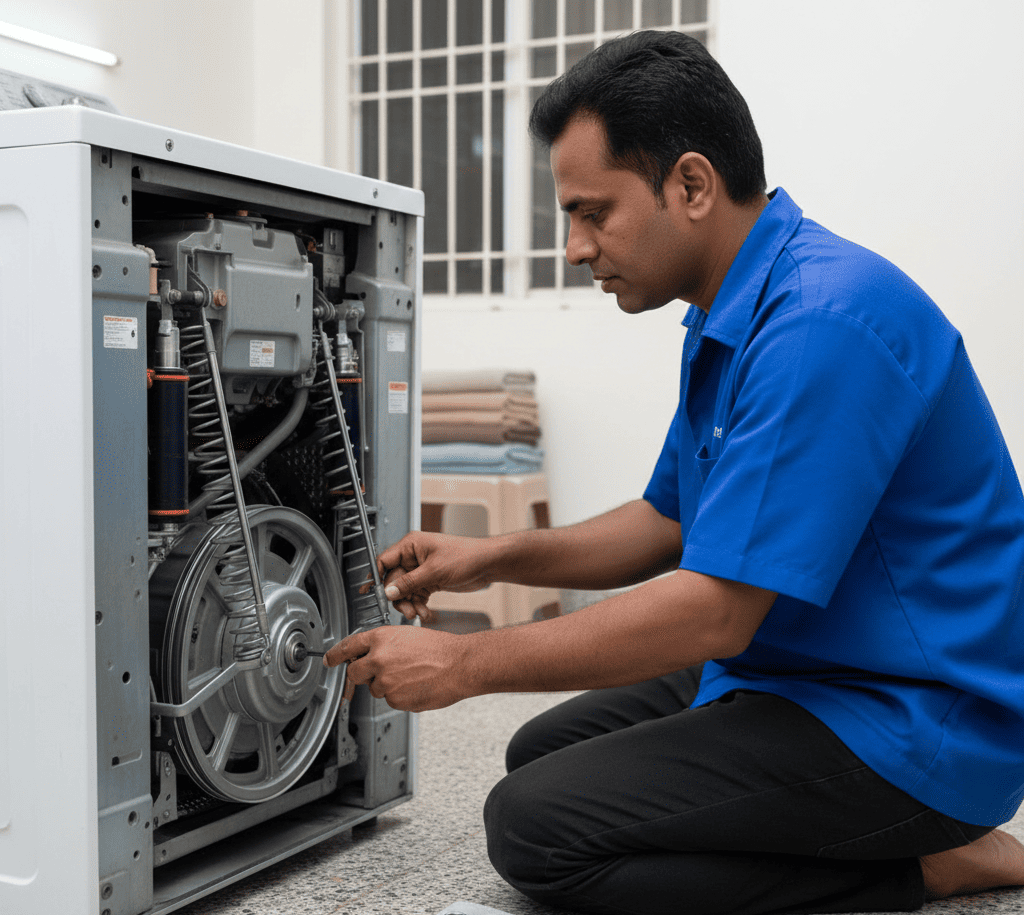 Professional technician repairing washing machine vibration issue in Hyderabad