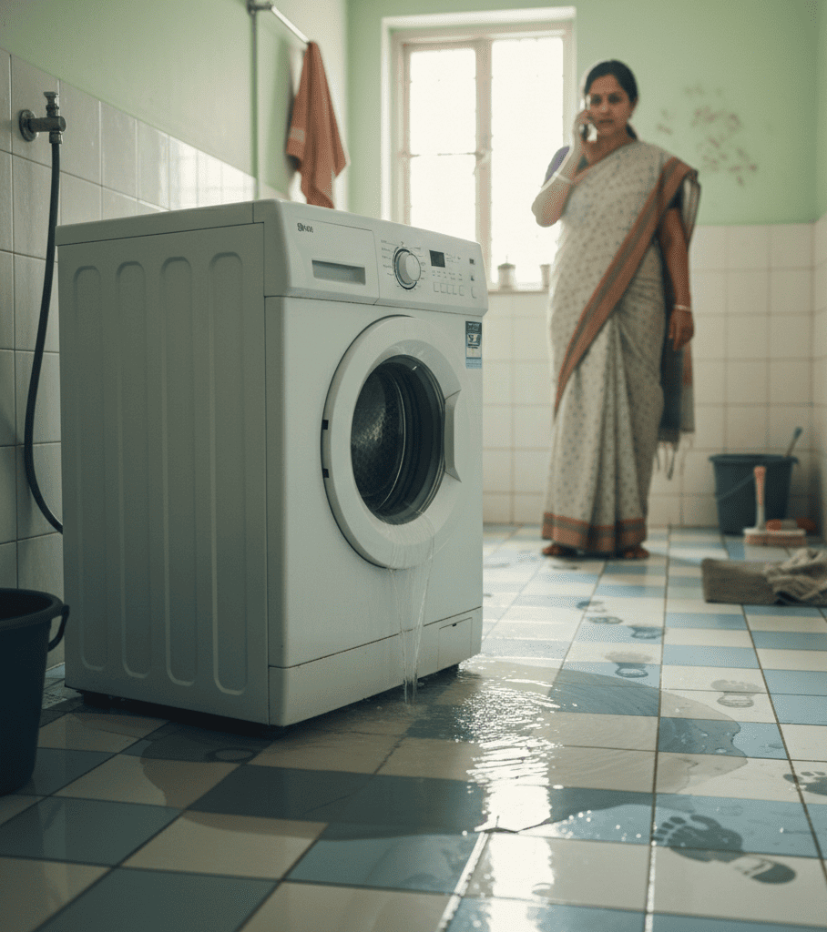 Washing machine leaking water inside a Hyderabad home due to internal fault